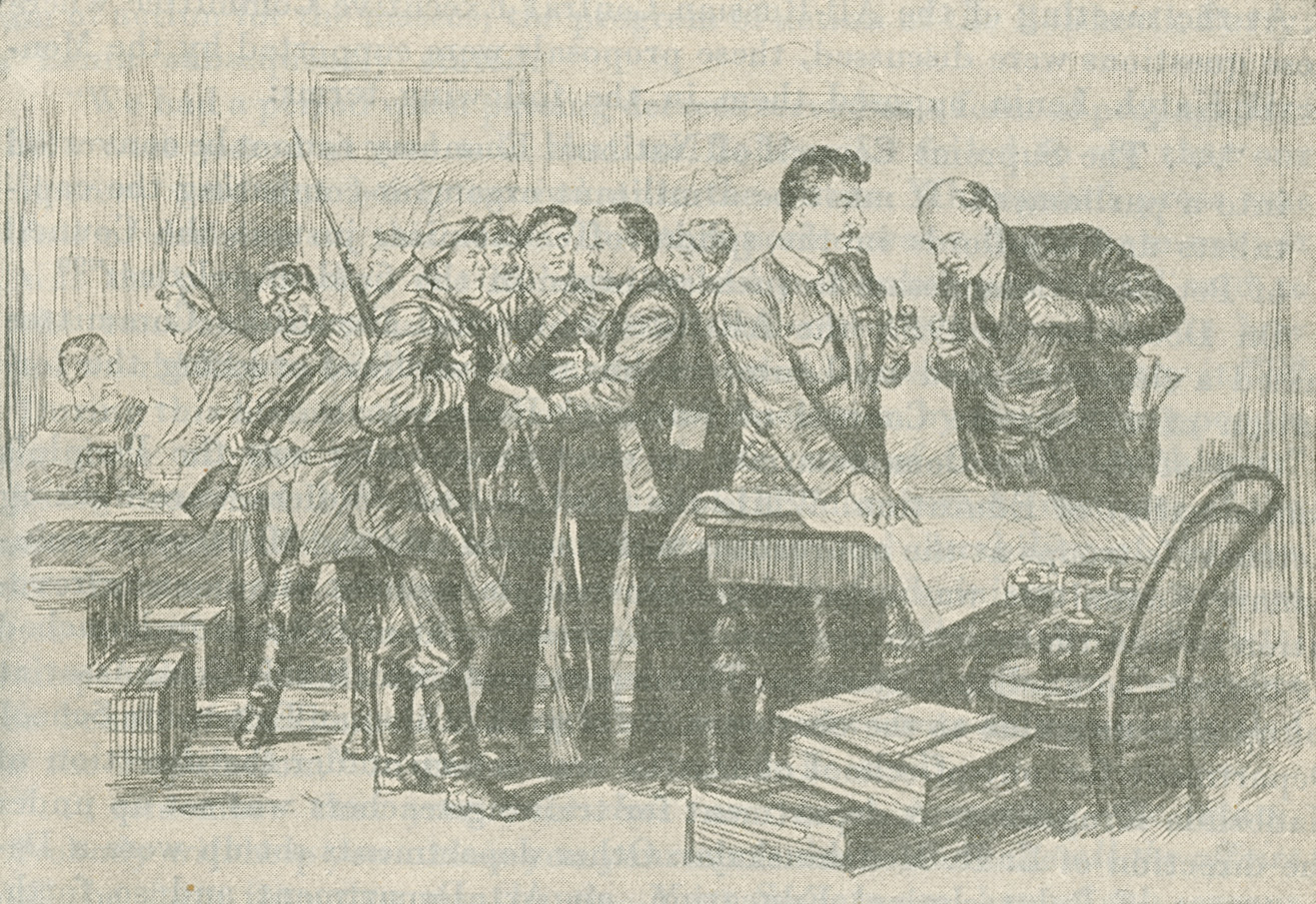 Illustration depicting Lenin and Stalin discussing a map while Molotov speaks with soldiers in the background